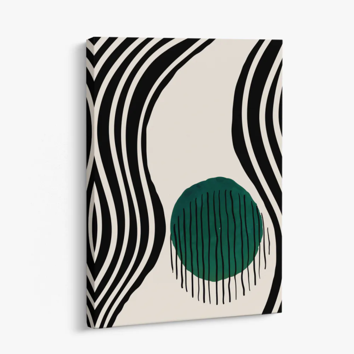 Cuadro en lienzo Ritmo Verde con tonos negro, marfil, verde profundo y líneas onduladas, franjas negras, verde profundo