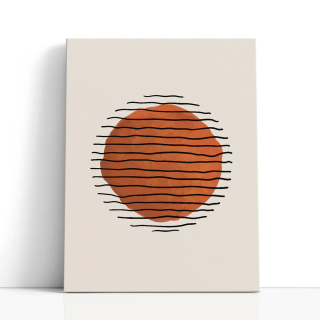 Cuadro en lienzo Calma Terracota con tonos terracota, naranja, negro y sol terracota, líneas onduladas, fondo arena