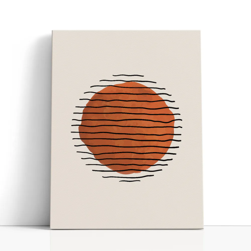 Cuadro en lienzo Calma Terracota con tonos terracota, naranja, negro y sol terracota, líneas onduladas, fondo arena