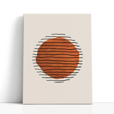 Cuadro en lienzo Calma Terracota con tonos terracota, naranja, negro y sol terracota, líneas onduladas, fondo arena