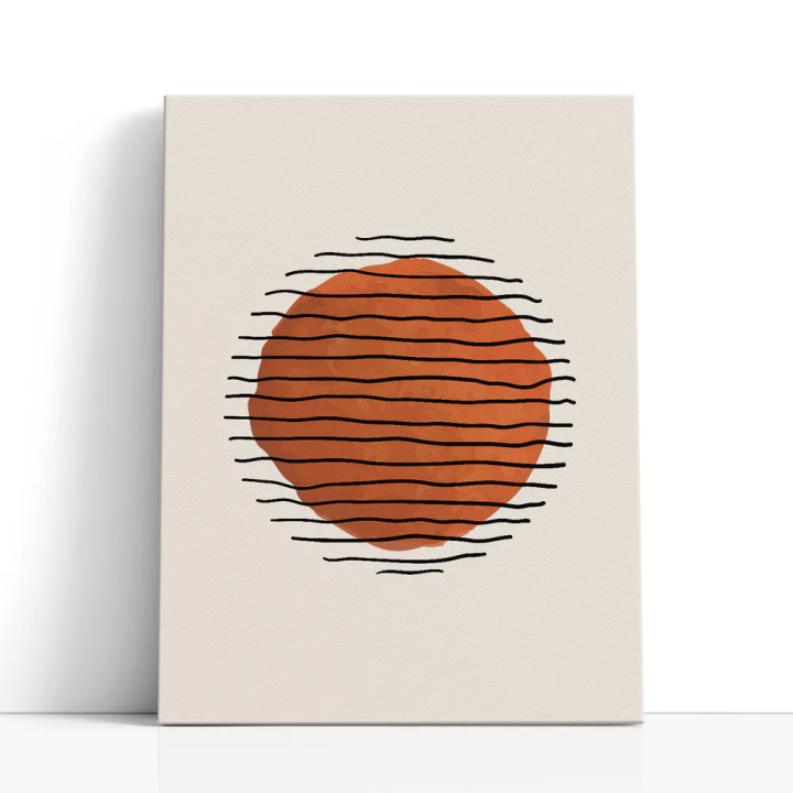 Cuadro en lienzo Calma Terracota con tonos terracota, naranja, negro y sol terracota, líneas onduladas, fondo arena