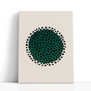 Cuadro en lienzo Órbita Verde con tonos verde oscuro, negro, marfil y círculo verde, puntos negros, fondo marfil