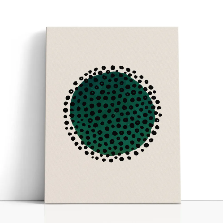 Cuadro en lienzo Órbita Verde con tonos verde oscuro, negro, marfil y círculo verde, puntos negros, fondo marfil