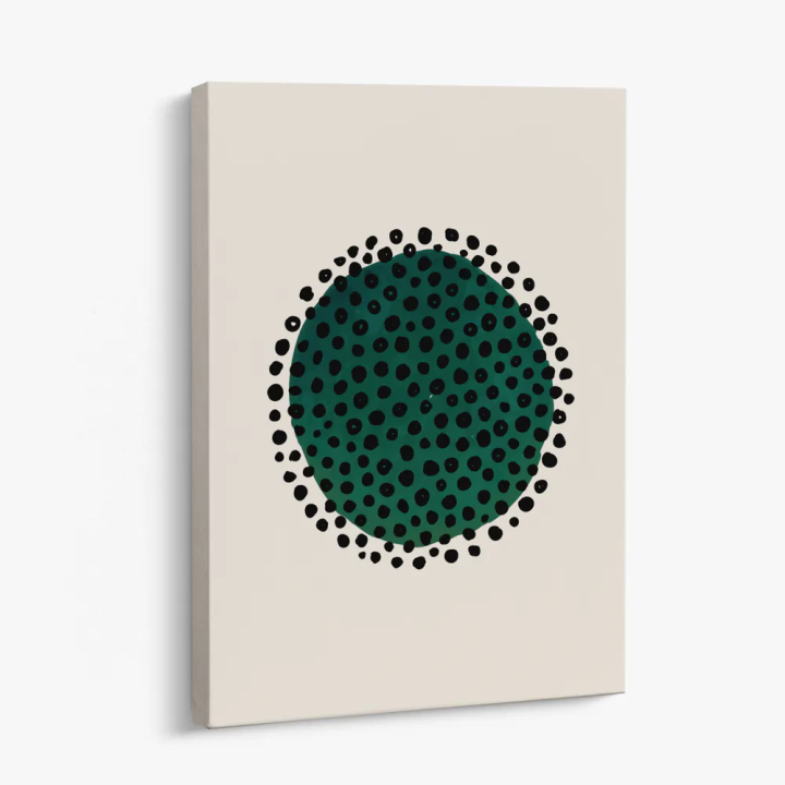Cuadro en lienzo Órbita Verde con tonos verde oscuro, negro, marfil y círculo verde, puntos negros, fondo marfil