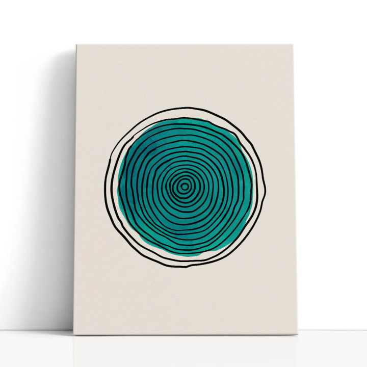 Cuadro en lienzo Línea Azul con tonos turquesa, verde azulado, negro y círculos concéntricos, turquesa profundo, líneas negras