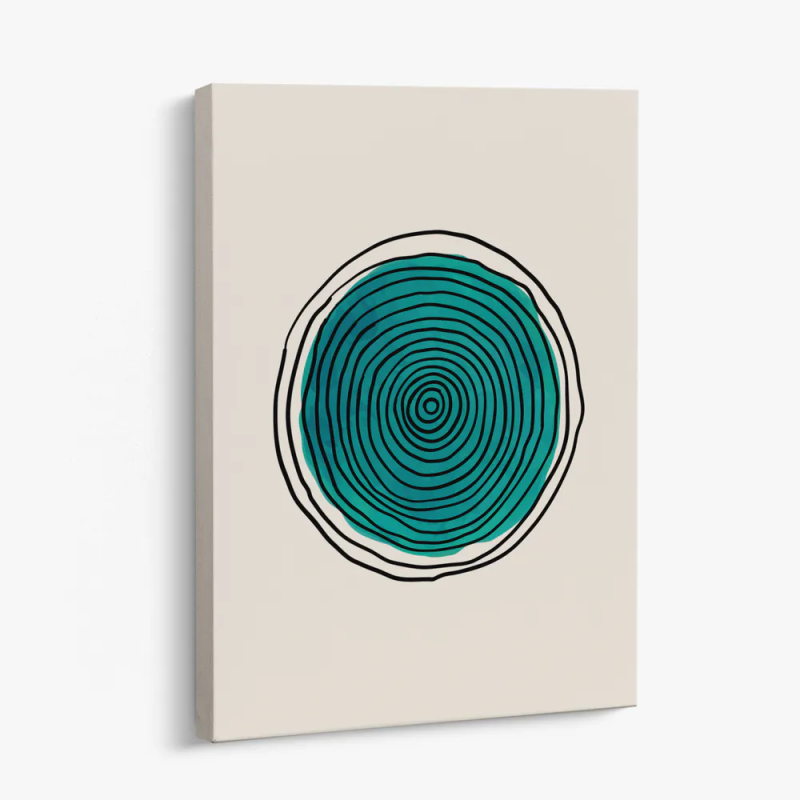 Cuadro en lienzo Línea Azul con tonos turquesa, verde azulado, negro y círculos concéntricos, turquesa profundo, líneas negras