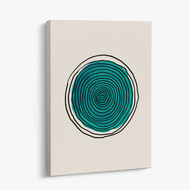 Cuadro en lienzo Línea Azul con tonos turquesa, verde azulado, negro y círculos concéntricos, turquesa profundo, líneas negras