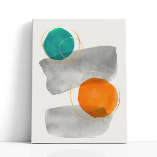 Cuadro en lienzo Pausa Gris con tonos turquesa, naranja, gris y formas minerales, círculos dorados, turquesa intenso