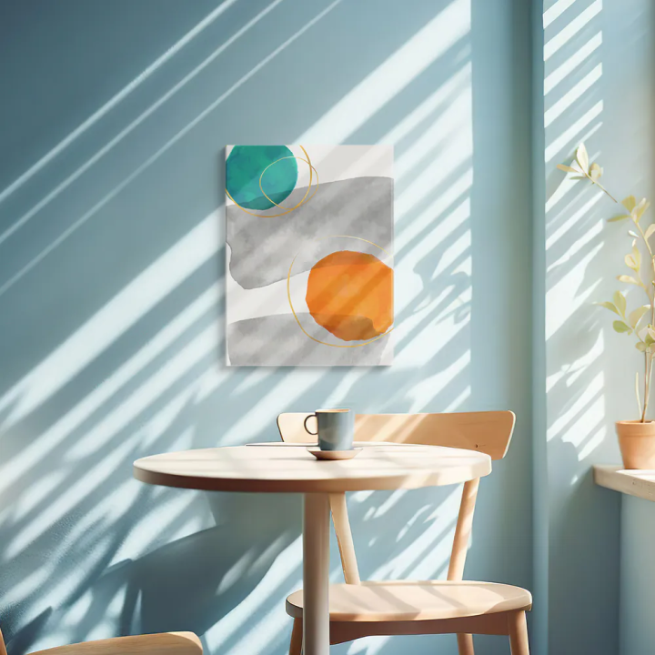 Cuadro en lienzo Pausa Gris con tonos turquesa, naranja, gris y formas minerales, círculos dorados, turquesa intenso