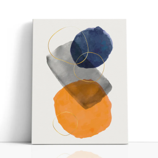 Cuadro en lienzo Órbitas Minerales con tonos azul profundo, gris piedra, naranja ámbar y formas minerales, azul profundo, gris p