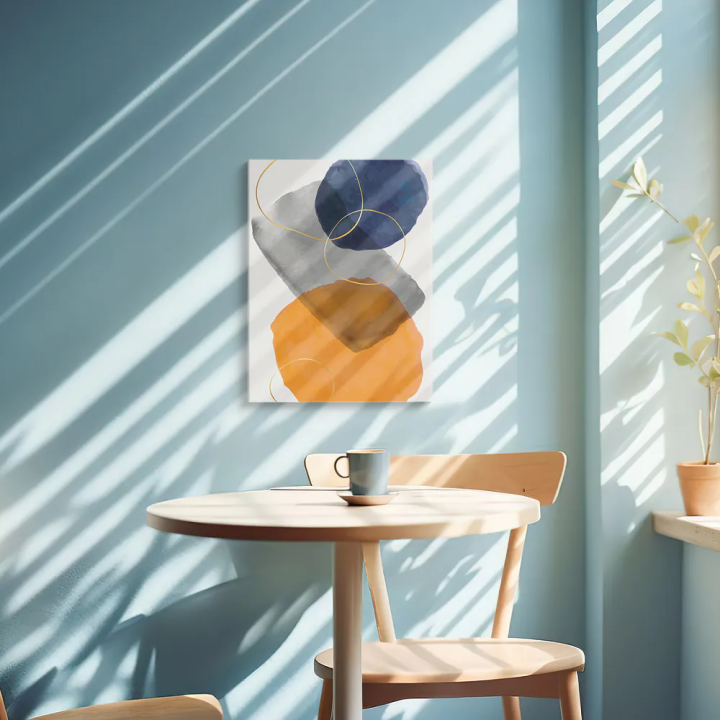 Cuadro en lienzo Órbitas Minerales con tonos azul profundo, gris piedra, naranja ámbar y formas minerales, azul profundo, gris p
