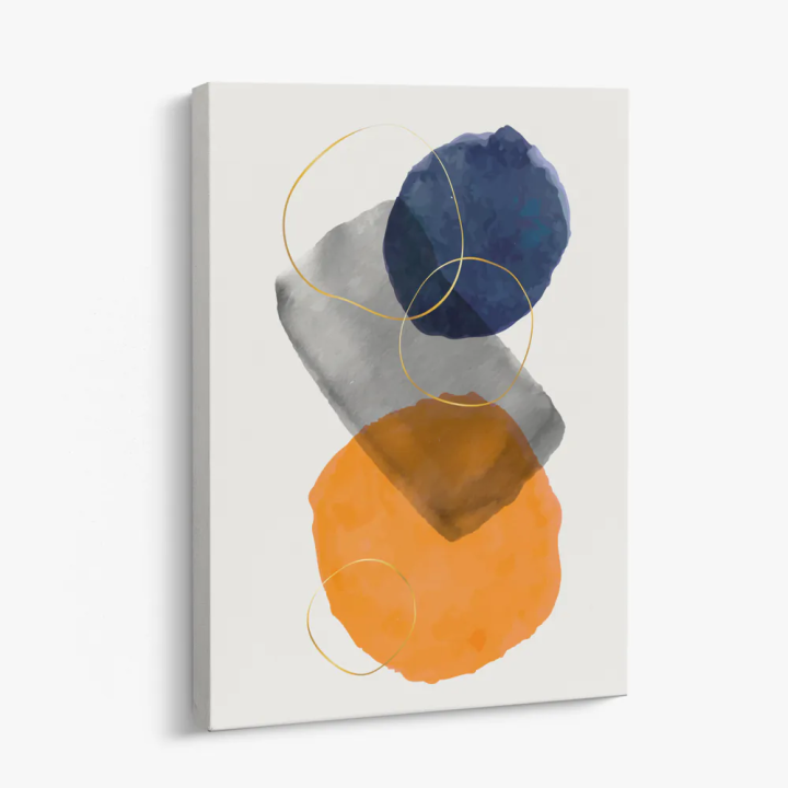 Cuadro en lienzo Órbitas Minerales con tonos azul profundo, gris piedra, naranja ámbar y formas minerales, azul profundo, gris p