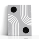 Cuadro en lienzo abstracto geométrico en gris, blanco y negro con círculos negros, líneas curvas y textura desgastada