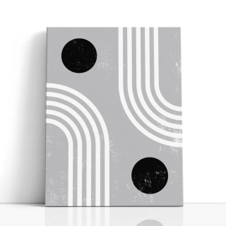 Cuadro en lienzo abstracto geométrico en gris, blanco y negro con círculos negros, líneas curvas y textura desgastada
