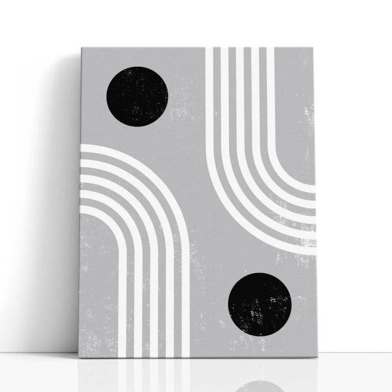 Cuadro en lienzo abstracto geométrico en gris, blanco y negro con círculos negros, líneas curvas y textura desgastada
