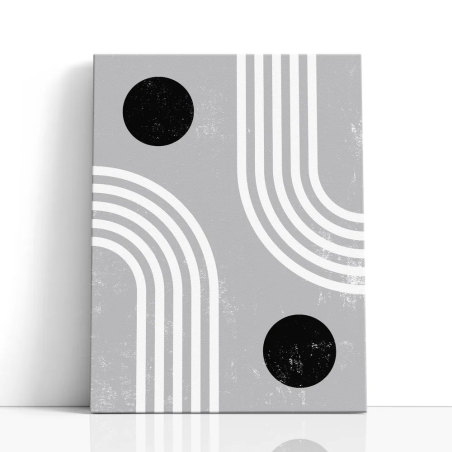 Cuadro en lienzo abstracto geométrico en gris, blanco y negro con círculos negros, líneas curvas y textura desgastada
