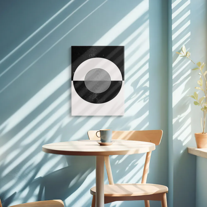 Cuadro en lienzo Calma Gris con tonos Negro, Blanco roto, Gris y círculo concéntrico, geometría monocroma, blanco y negro