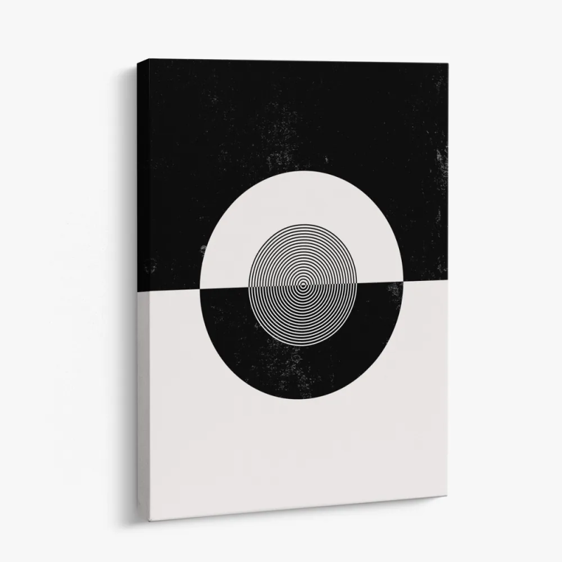 Cuadro en lienzo Calma Gris con tonos Negro, Blanco roto, Gris y círculo concéntrico, geometría monocroma, blanco y negro