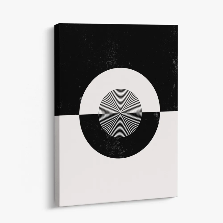 Cuadro en lienzo Calma Gris con tonos Negro, Blanco roto, Gris y círculo concéntrico, geometría monocroma, blanco y negro