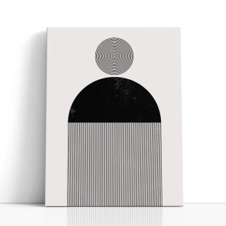 Cuadro en lienzo Órbita Monocroma con tonos negro, blanco roto, gris suave y geometría monocroma, círculos concéntricos, semicír