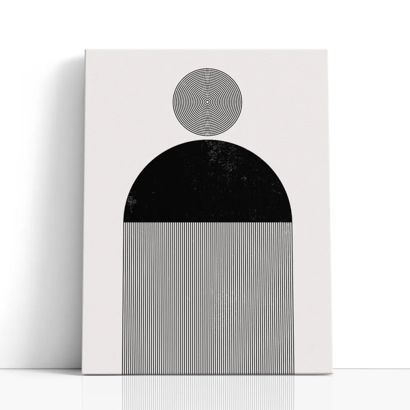 Cuadro en lienzo Órbita Monocroma con tonos negro, blanco roto, gris suave y geometría monocroma, círculos concéntricos, semicír