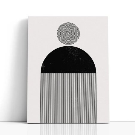 Cuadro en lienzo Órbita Monocroma con tonos negro, blanco roto, gris suave y geometría monocroma, círculos concéntricos, semicír