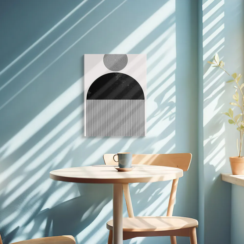 Cuadro en lienzo Órbita Monocroma con tonos negro, blanco roto, gris suave y geometría monocroma, círculos concéntricos, semicír
