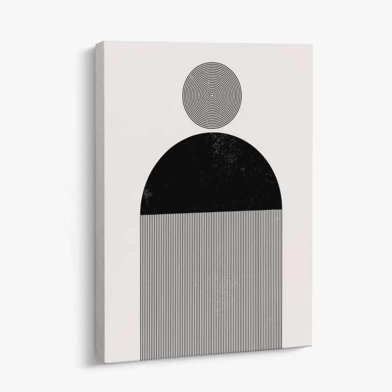 Cuadro en lienzo Órbita Monocroma con tonos negro, blanco roto, gris suave y geometría monocroma, círculos concéntricos, semicír