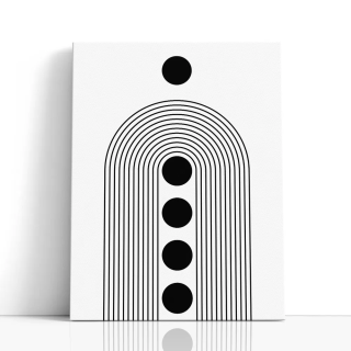 Cuadro en lienzo Órbita Lineal con tonos Negro, Blanco y geometría monocromática, arcos concéntricos, círculos negros