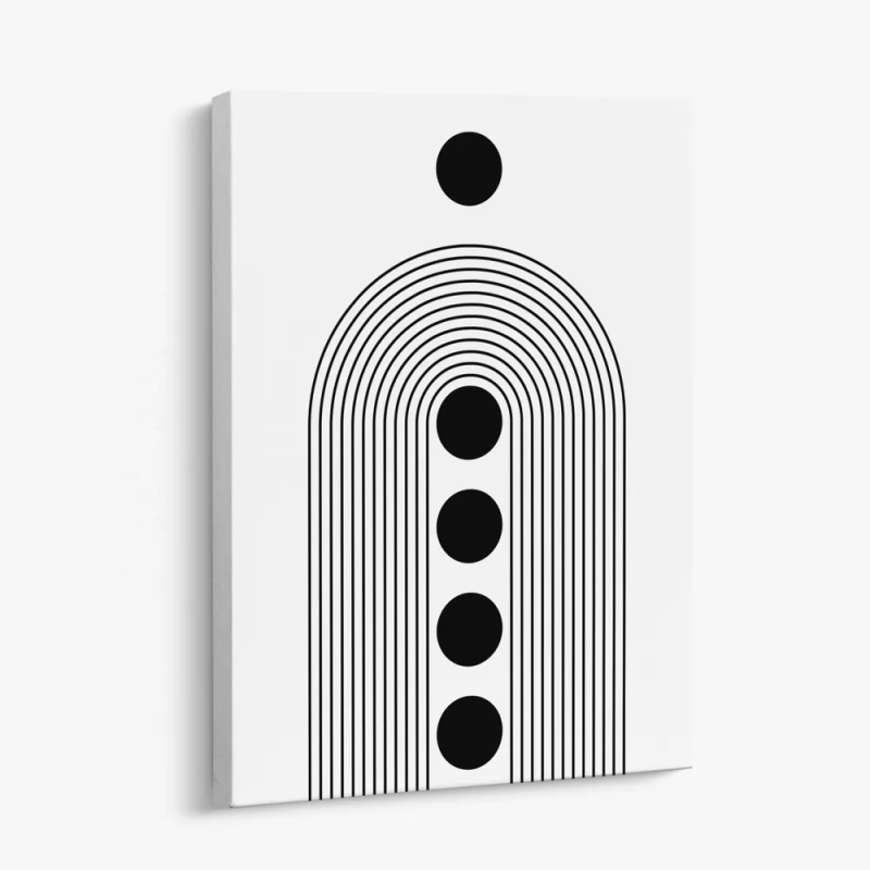 Cuadro en lienzo Órbita Lineal con tonos Negro, Blanco y geometría monocromática, arcos concéntricos, círculos negros