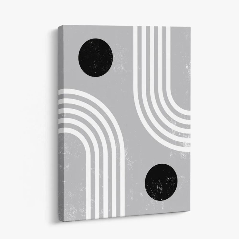Cuadro en lienzo abstracto geométrico en gris, blanco y negro con círculos negros, líneas curvas y textura desgastada