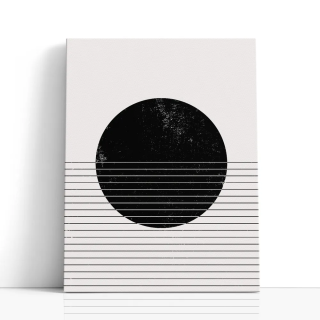 Cuadro en lienzo Eclipse Lineal con tonos negro, blanco roto, marfil y círculo negro, líneas horizontales, textura desgastada