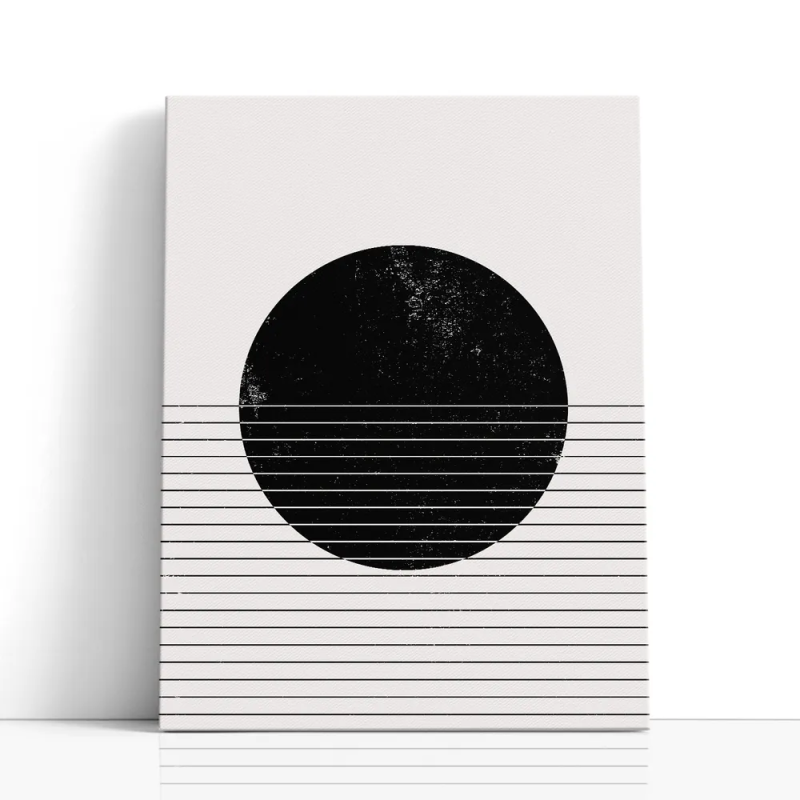 Cuadro en lienzo Eclipse Lineal con tonos negro, blanco roto, marfil y círculo negro, líneas horizontales, textura desgastada