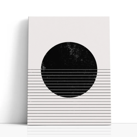 Cuadro en lienzo Eclipse Lineal con tonos negro, blanco roto, marfil y círculo negro, líneas horizontales, textura desgastada