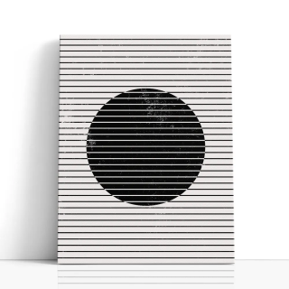 Cuadro en lienzo Trazo Gris con tonos negro, blanco roto, marfil y líneas horizontales, círculo negro, contraste monocromo
