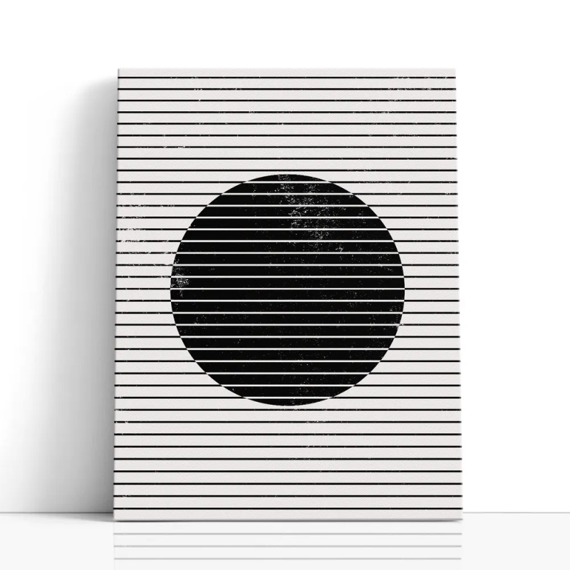 Cuadro en lienzo Trazo Gris con tonos negro, blanco roto, marfil y líneas horizontales, círculo negro, contraste monocromo