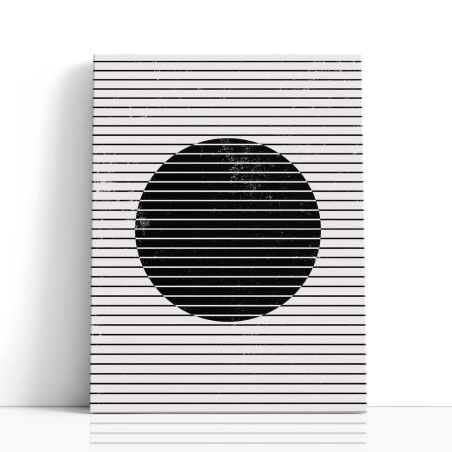 Cuadro en lienzo Trazo Gris con tonos negro, blanco roto, marfil y líneas horizontales, círculo negro, contraste monocromo