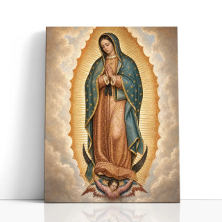 Cuadro en lienzo Virgen de Guadalupe con tonos azul verdoso, dorado, rosa antiguo y virgen de guadalupe, manto estrellado, respl