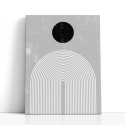 Cuadro en lienzo abstracto con círculo negro, fondo gris texturizado y arcos concéntricos blancos
