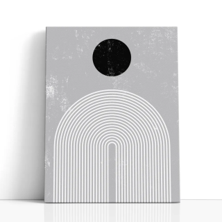 Cuadro en lienzo abstracto con círculo negro, fondo gris texturizado y arcos concéntricos blancos