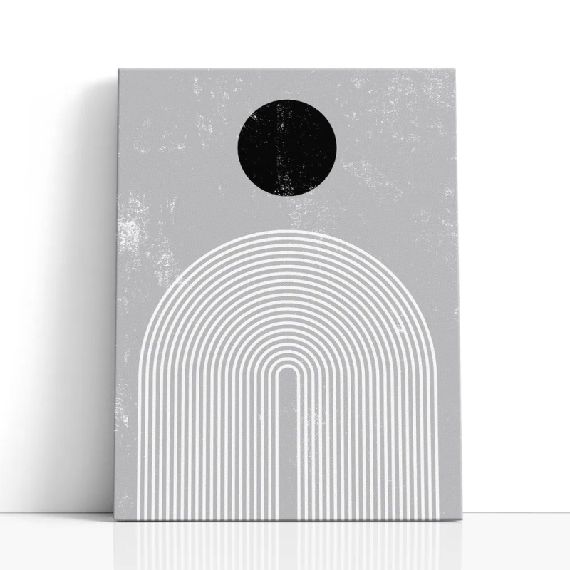 Cuadro en lienzo abstracto con círculo negro, fondo gris texturizado y arcos concéntricos blancos