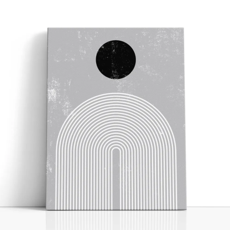 Cuadro en lienzo abstracto con círculo negro, fondo gris texturizado y arcos concéntricos blancos