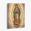 Cuadro en lienzo Virgen de Guadalupe con tonos azul verdoso, dorado, rosa antiguo y virgen de guadalupe, manto estrellado, respl