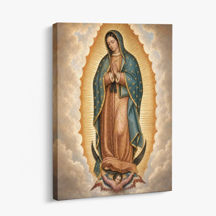 Cuadro en lienzo Virgen de Guadalupe con tonos azul verdoso, dorado, rosa antiguo y virgen de guadalupe, manto estrellado, respl