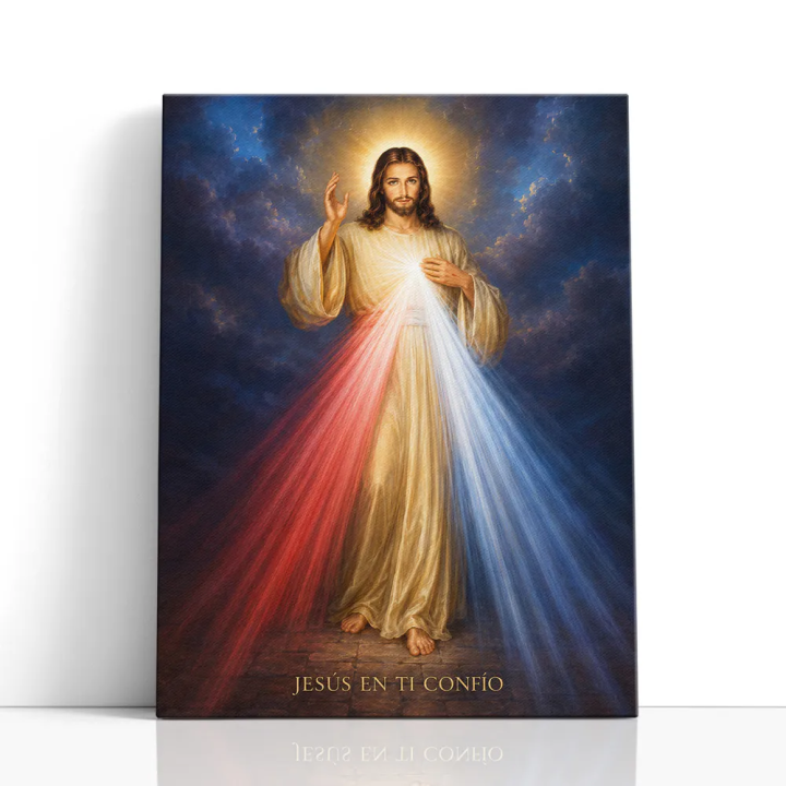 Cuadro en lienzo Jesús de la Divina Misericordia con tonos azul profundo, dorado, blanco cálido y jesús, divina misericordia, ra