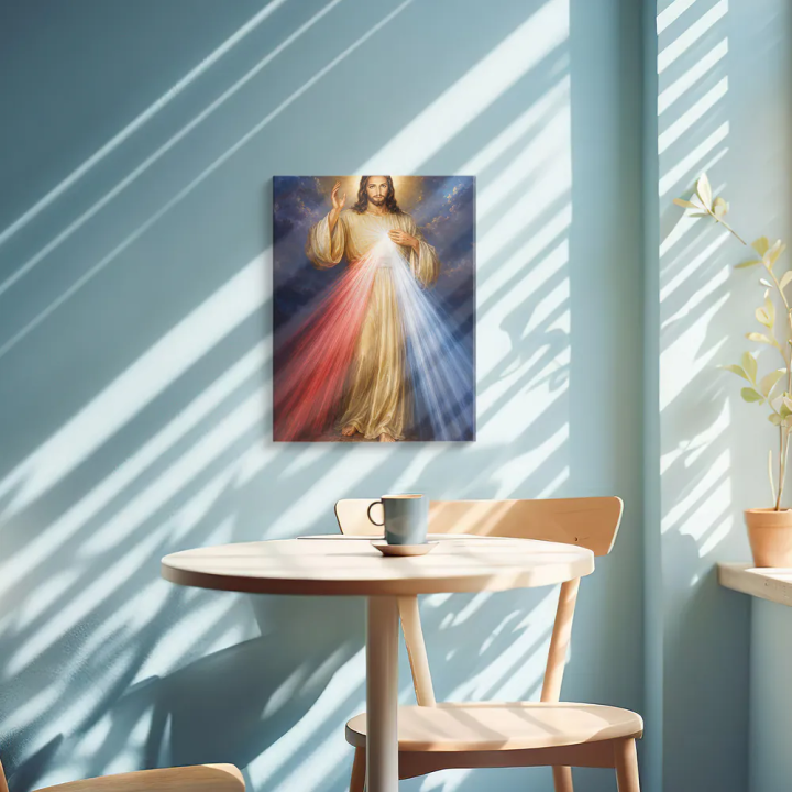 Cuadro en lienzo Jesús de la Divina Misericordia con tonos azul profundo, dorado, blanco cálido y jesús, divina misericordia, ra