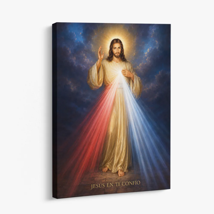 Cuadro en lienzo Jesús de la Divina Misericordia con tonos azul profundo, dorado, blanco cálido y jesús, divina misericordia, ra