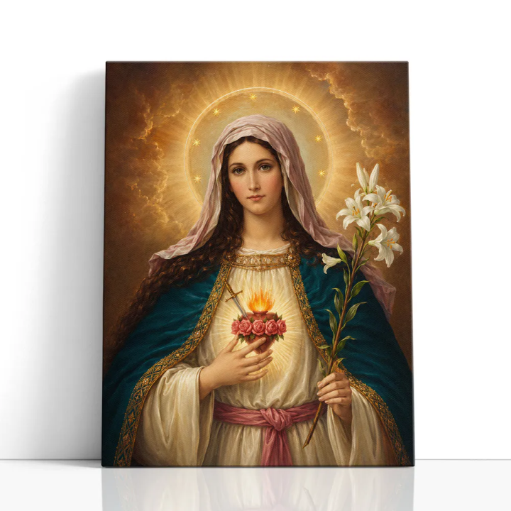 Cuadro en lienzo Virgen del Sagrado Corazón con tonos dorado, azul profundo, marfil y virgen maría, corazón en llamas, lirios bl