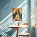 Cuadro en lienzo Virgen del Sagrado Corazón con tonos dorado, azul profundo, marfil y virgen maría, corazón en llamas, lirios bl
