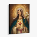 Cuadro en lienzo Virgen del Sagrado Corazón con tonos dorado, azul profundo, marfil y virgen maría, corazón en llamas, lirios bl